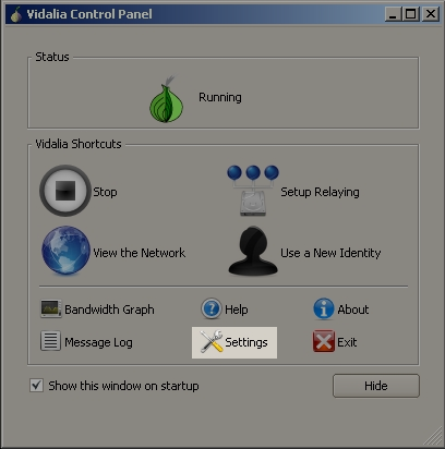 Vidalia with "settings" button highlighted