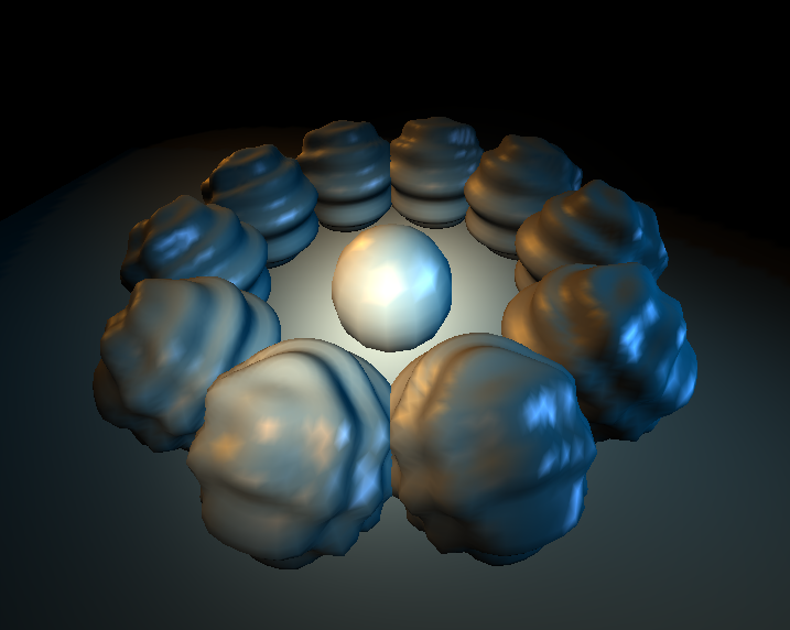 With 3 spotlights – focusing attention on the sphere in the centre of the scene