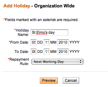 The Mifos Add Holiday screen.