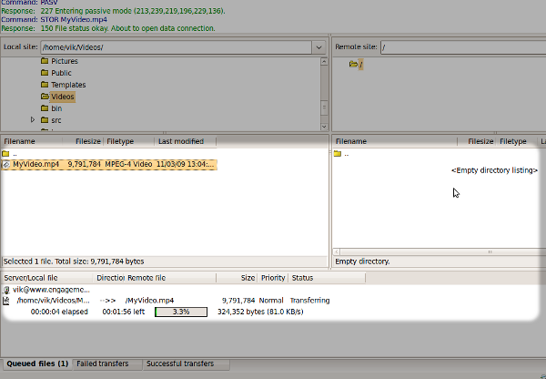 Filezilla: Upload in Progress