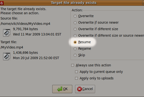 Filezilla: Resume Upload
